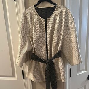 GILI Chic White and Black Perforated Faux Leather, Self Belted Jacket